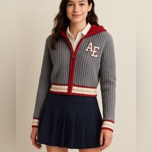 American Eagle Zip Up Knit Sweater Hoodie Gray Red Varsity AE Letter Patch Small